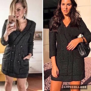 Zara Black Tweed Blazer Mini Dress Metallic Double Breasted